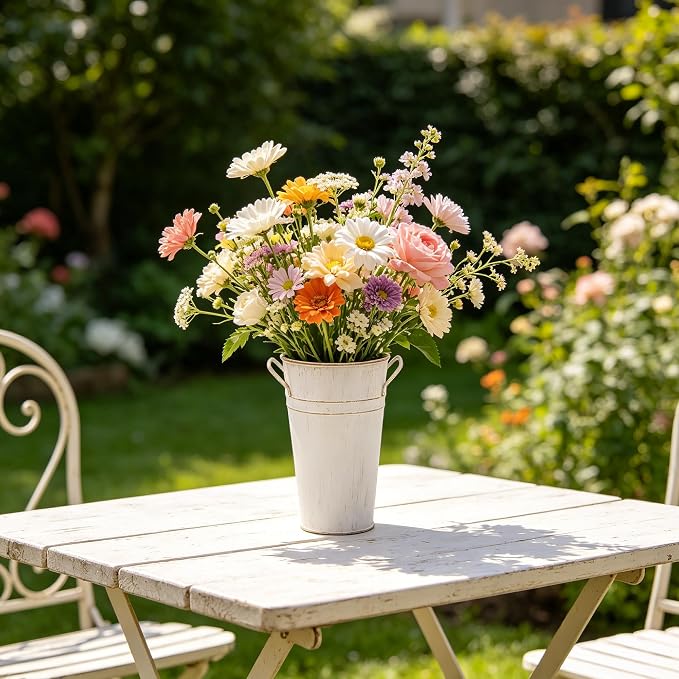 Hosley Set of 2 White Wash Finish Bucket/Pot Vase with PVC Liner 6.25" L x 5" W x 9" H, Ideal Gift for Wedding Home Office Party DIY Indoor Outdoor Garden Patio