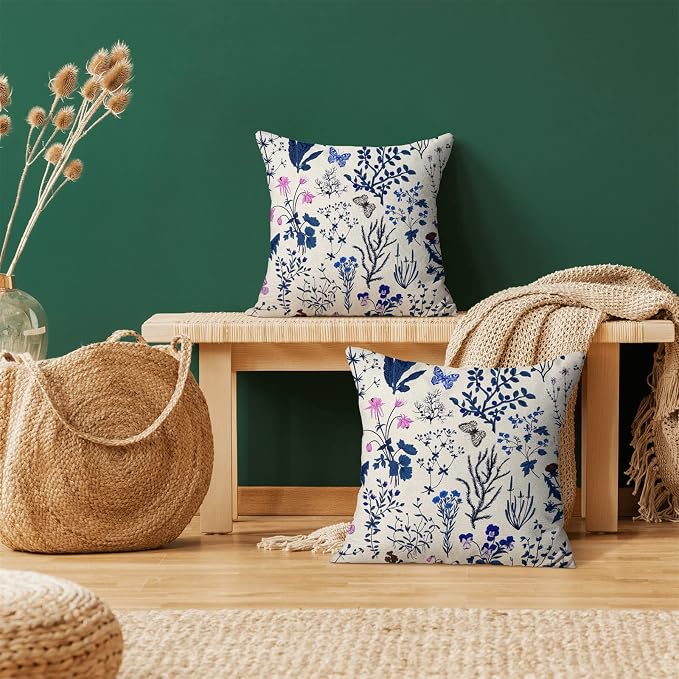AEIOAE Summer Pillow Covers 18x18 Inch Set of 2,Navy Blue Wild Flower Plant Throw Pillows Case,Seasonal Floral Outdoor Decorative Square Linen Farmhouse Decor Cushion Covers for Home Sofa Bed Couch