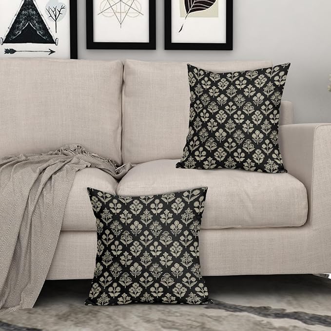 Black Floral Pillow Covers 24x24 Inch Set of 2, Vintage Flower Block Print Decorative Throw Pillowcases Outdoor Farmhouse Cushion Covers Spring Summer Rustic Decoration Sofa Couch Bed Decor