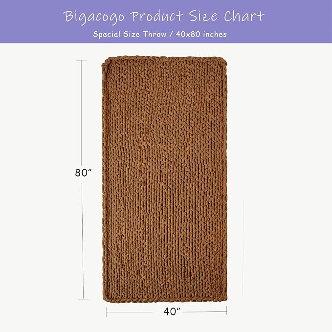 Bigacogo Chunky Knit Throw Blanket for Couch, 40x80 inches, Caramel | Hand Knit with Jumbo Chenille, Soft Breathable Cable Knit for Sofa Bed Living Room, Machine Washable, Gift for Mom Friend