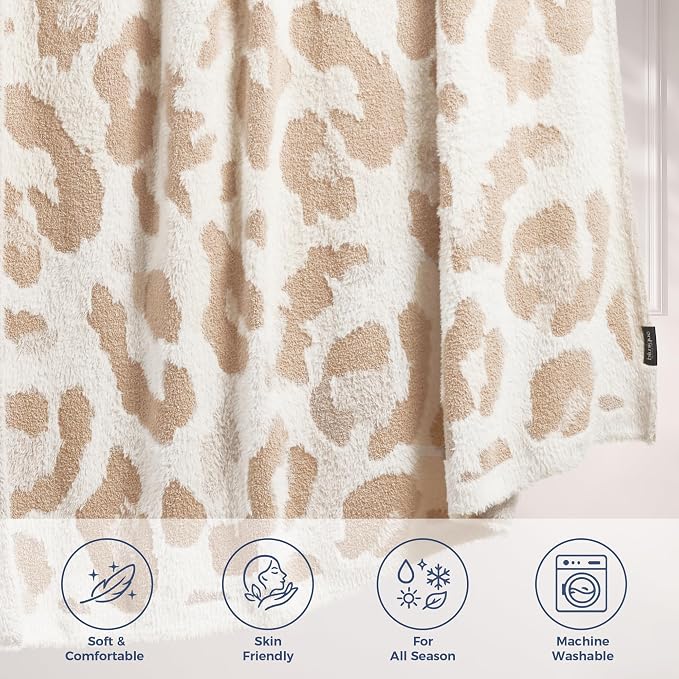 Knit Throw Blanket for Couch, Soft Cozy Fluffy Knitted Blanket for Sofa, Bed, Gift for Women Girls Home Decor (Leopard-Beige, Throw 50"x60")