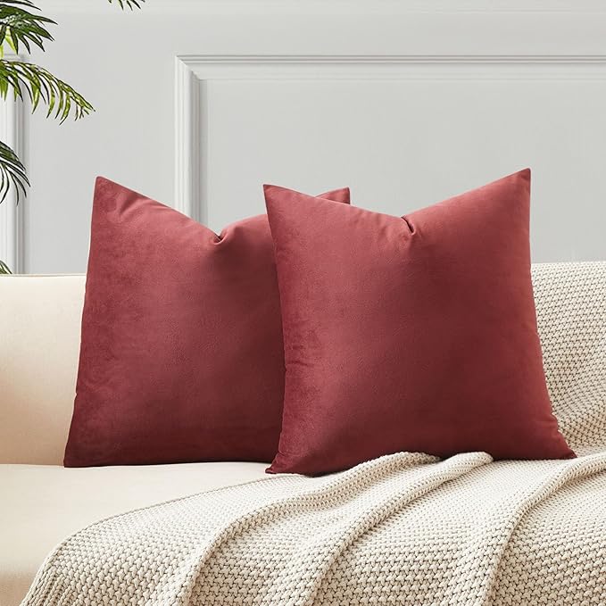 18x18 Throw Pillow Covers Decorative Velvet Couch Covers Set of 2,Dark Red | JUSPURBET Cozy Soft Pillowcases with Invisible Zipper for Modern Couch Sofa Bed Living Room Bedroom Home Decor Christmas