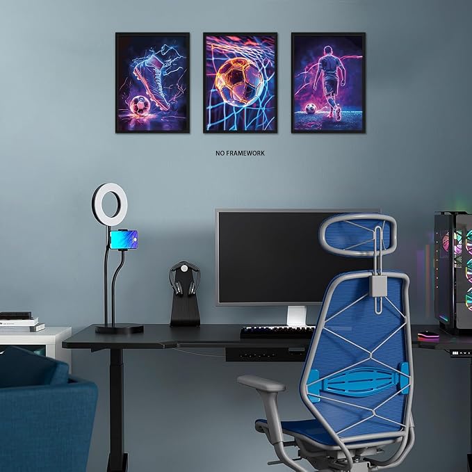 BGFCE Cool Soccer Gaming Wall Art Posters Set of 3, Neon Video Gamer Canvas Pictures, Colorful Soccer Game Painting Prints for Boys Room, Gaming Room Decor for Kids Gamer Room 16x24 inch Unframed