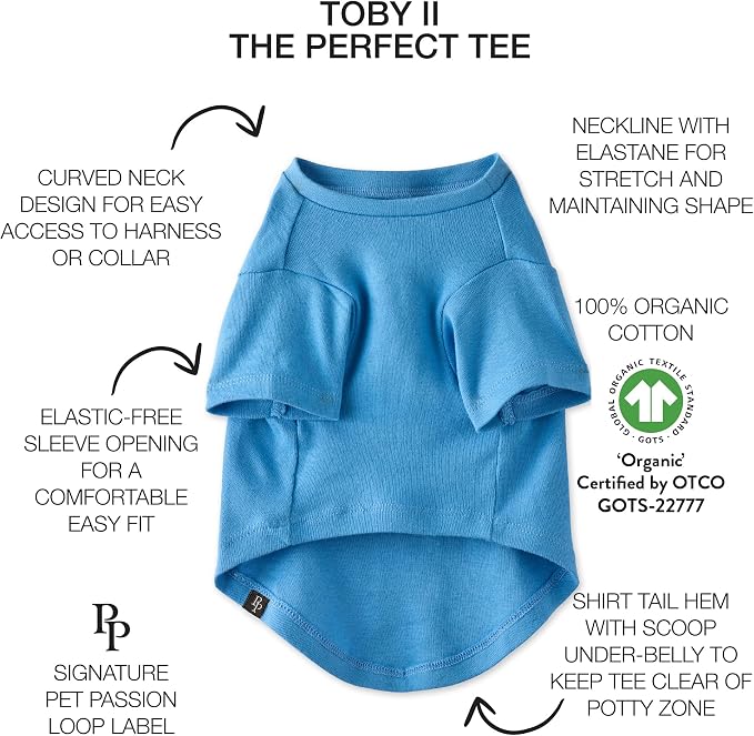Pet Passion Toby II - The Perfect Tee, 8 Pack Short Sleeve Pet T-Shirt 100% Organic Cotton Tees Clothes for Small, Medium, Large Dogs, Rainbow Blue, Small