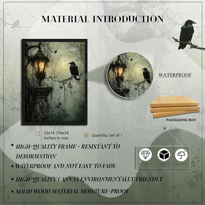 Gothic Decor Framed Wall Art, Vintage Dark Academia Canvas Prints, Horror Forest Crow Wall Decor for Living Room Bedroom Home Decor – Black Wooden Frame 12x16in