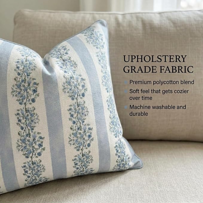 “The Juliet” Floral Block Print Pillow Cover – Soft Blue and Off-White Decorative Throw Pillow Cover – Grandmillennial Home Decor, 20" x 20"
