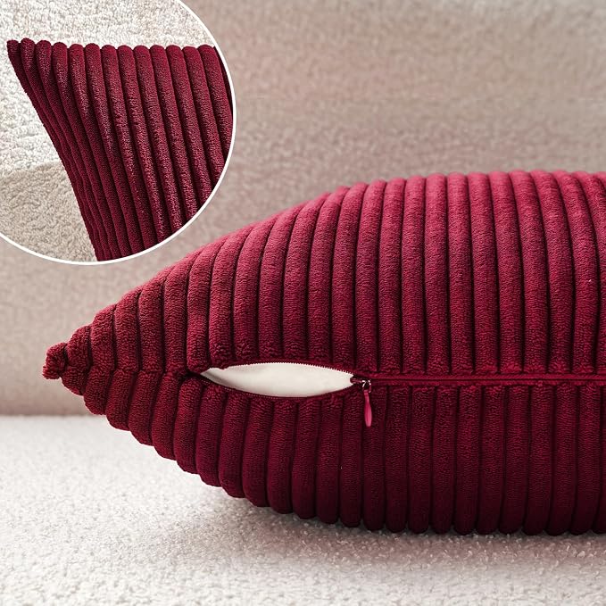 MIULEE Decorative Corduroy Throw Pillow Covers Set of 2 18x18 Burgundy | Soft Striped Textured Cushion Cases, Boho Energetic Vibe Pillowcases for Home Decor, for Couch Chair Sofa Bed Living Room
