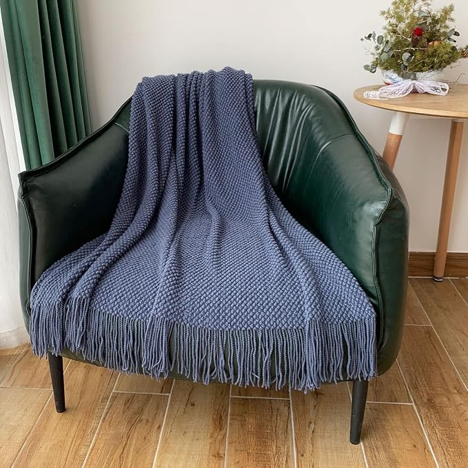 LOMAO Knitted Throw Blanket with Tassels Bubble Textured Lightweight Soft Throws for Couch Cover Home Decor (Navy, 50x60)