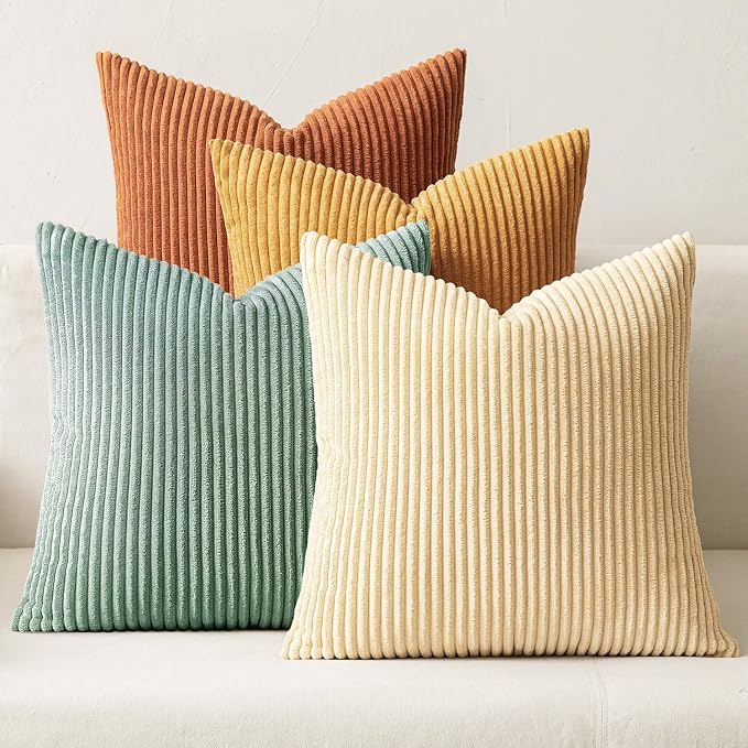 MIULEE Soft Corduroy Decorative Throw Pillow Covers Orange Teal 24x24 | Set of 4, Mordern Rustic Home Decor, Retro Vintage Set, Boho Farmhouse Cushion Covers for Couch Bed Sofa Living Room