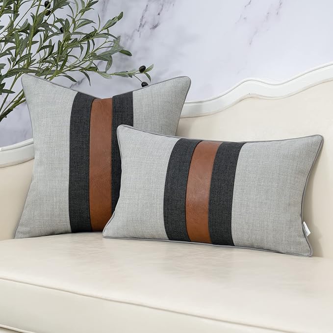 Patchwork Pillow Cover 12x20 Inch Luxury Cotton and Linen Cushion Cover Faux Leather Pillowcover for Couch Bedroom Living Room, Gray