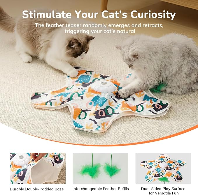 Cat Toy, Interactive Cat Toy, Cat Toys Interactive, Rechargeable Hide and Seek Automatic Kitten Toy with 2 Replaceable Wands, 3 Modes, 10-Min Auto-Sleep & Realistic Mouse Sounds for Indoor