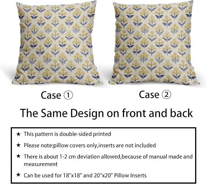 Navy Blue Yellow Floral Pillow Covers 24x24 Inch Set of 2, Vintage Flower Block Decorative Throw Pillowcases Outdoor Farmhouse Cushion Covers Spring Summer Rustic Decoration Sofa Couch Bed Decor