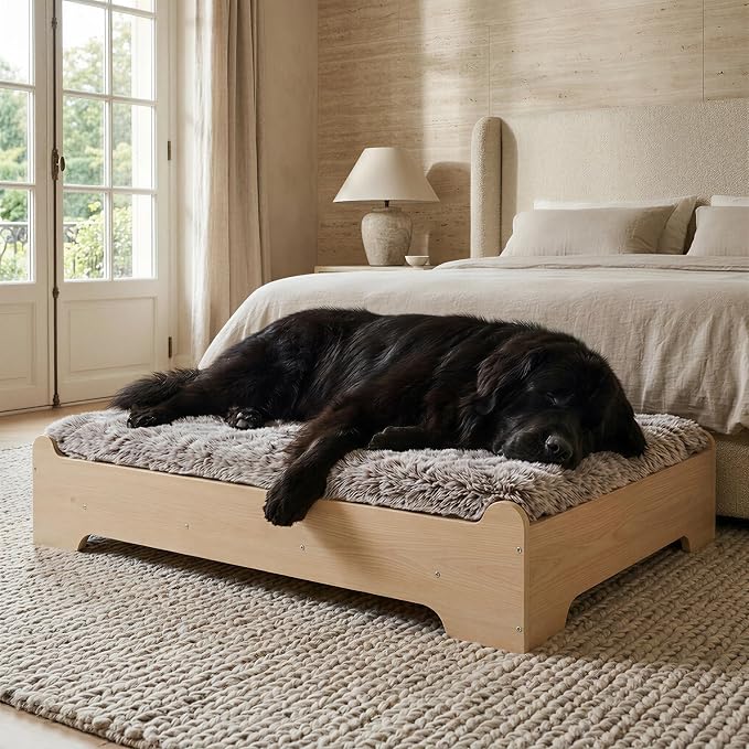 Elevated Wood Dog Bed Frame with Foam Mattress, WoodPattern, XL | Raised Dog Bed with Washable Cover, Furniture-Style Design for Indoor Living