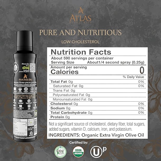 Olive Oil Spray by Atlas, Dual Function Olive Oil Cooking Spray and Stream, 5.4 fl oz, 6 Pack, Extra Virgin, Non Stick, Cold Pressed, Polyphenol Rich, Organic Moroccan EVOO, Hydroxytyrosol, Keto