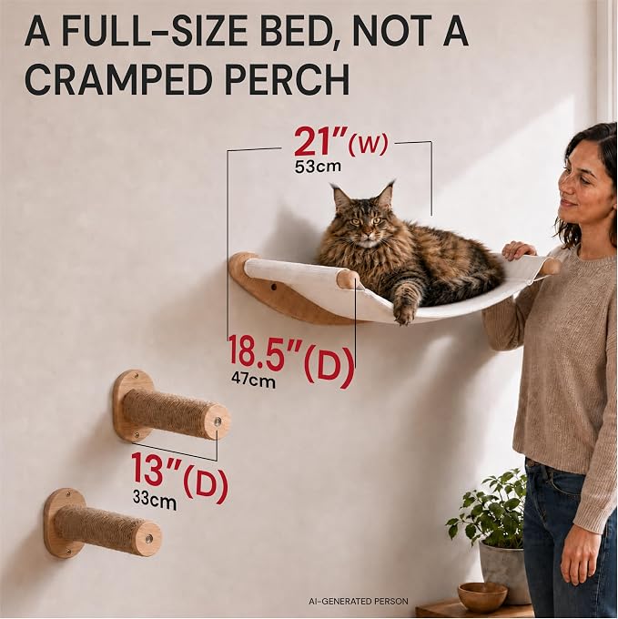 Cat Wall Hammock with 2 Steps for Large Cats | Complete cat wall shelves set with a roomy 21-inch wall mounted cat hammock, removable cushion and 2 sturdy climbing steps