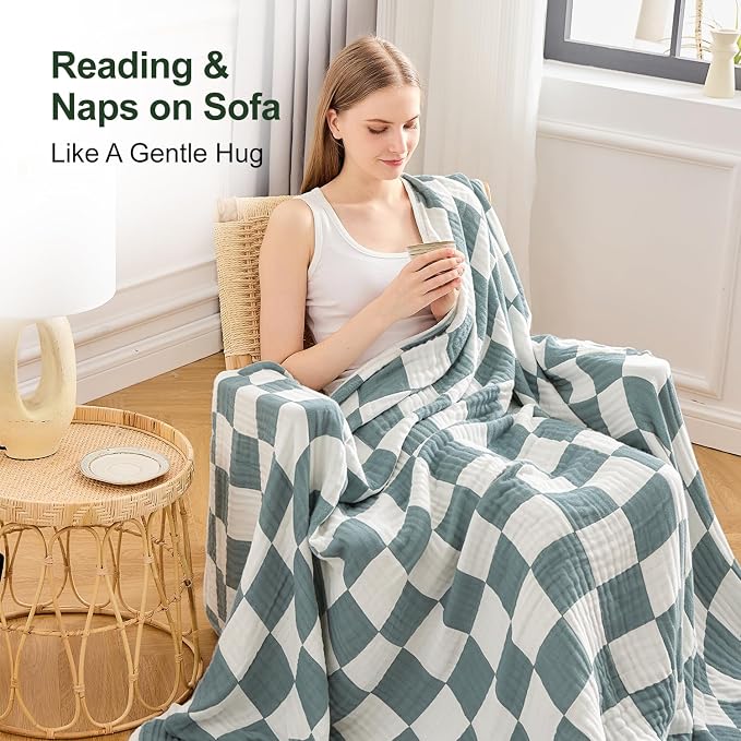 EMME Cooling Muslin Twin XL Blanket - Checkered Lightweight Summer Cotton Blankets of Rayon Derived from Bamboo for Hot Sleepers, Ultra Soft Breathable All Season Gauze