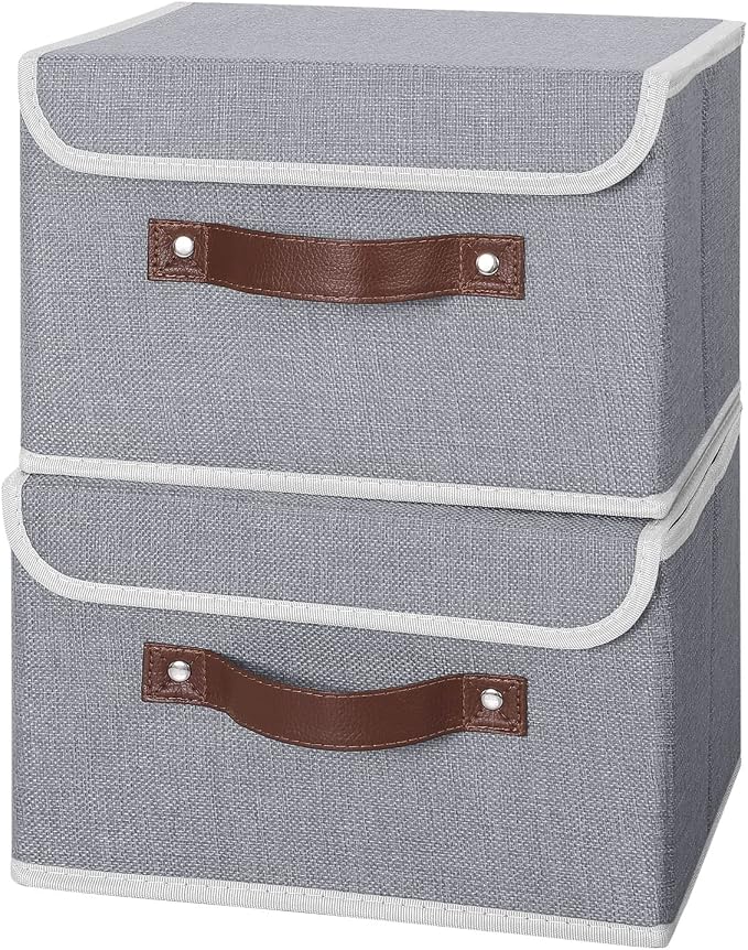 ANMINY Fabric Storage Box Bins with Lids, Gray, 10"x8"x7", 4 Pack | Keepsake Memory Storage, Cotton Linen, PP Board Reinforced, Washable, PU Handles, Foldable & Stackable, Decorative, Small