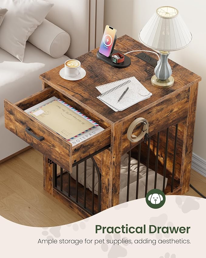 CHOEZON Dog Crate Furniture, Wooden Dog Kennel with Charging Station and Storage Drawer, Indoor Pet Crate End Table for Small Breeds, Dog Cage Furniture for Living Room, Bedroom, Rustic Brown MGW01UFG
