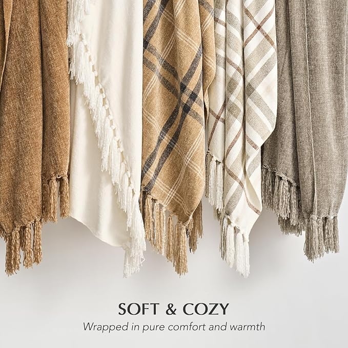 Chenille Knit Throw Blanket for Couch, 50"x60", Beige | Cozy Plush Fuzzy Knittd Throw with Tassels, Lightweight, Decorative, Farmhouse Decor, Ideal for Bed Sofa Gift, All Seasons