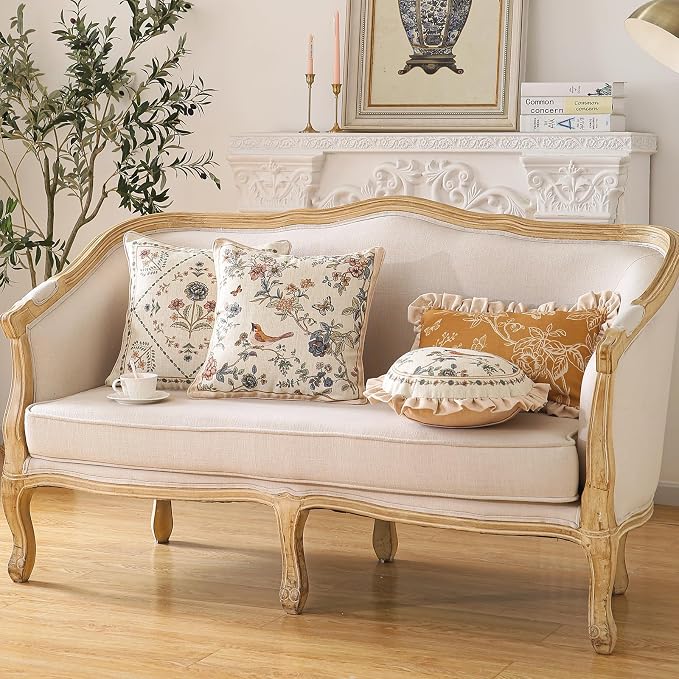 Designer Linen Throw Pillow Cover,Set of 2,18"x18"-Cornucopia A | Elegant French Square Pillow Cover,Concealed Zipper,Floral and Bird Pattern,Sofas,Bedroom,Living Room,Lounge Chairs