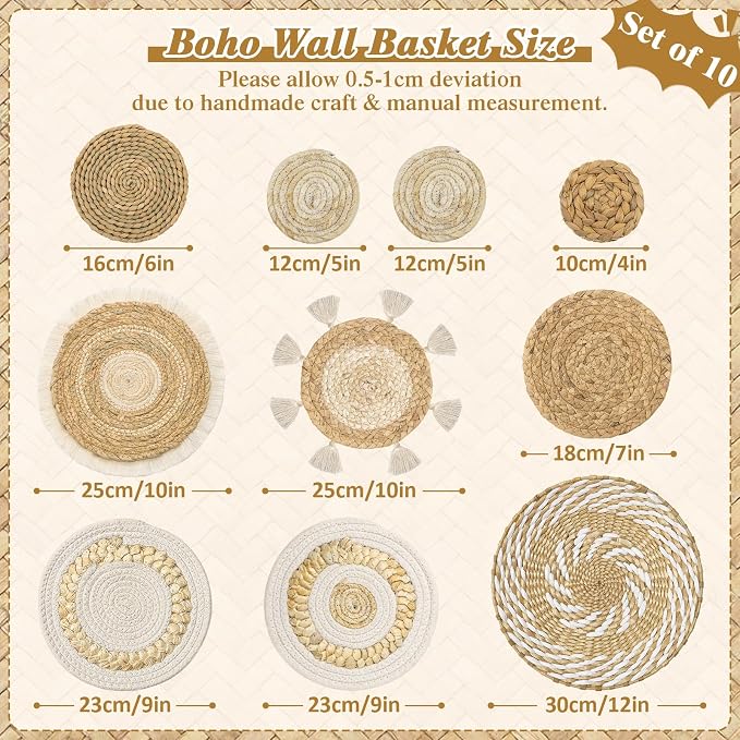 Set of 10 Boho Wall Basket Decor Wicker Woven Wall Basket Decoration | LOMOHOO Bohemian Handcrafted Round Basket Hanging Decor Bulrush Wall Art Decors for Living Room Rustic Home