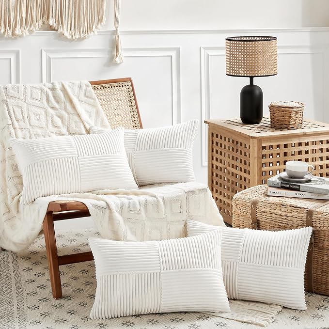 Fancy Homi Cream White Lumbar Decorative Throw Pillow Covers 26x16 Inch for Living Room Couch Bed Sofa, Rustic Farmhouse Boho Home Decor, Soft Striped Corduroy Rectangle Accent Cushion Case 40x65 cm