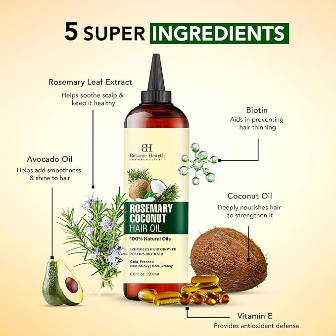 Botanic Hearth 100% Pure Rosemary Oil For Hair Growth & Hair Treatment Oils | Infused with coconut Oil | Hair Oil Repairs Dry Damaged Hair, Strengthening, Healthier - Hair Tonic, 6.7 fl oz