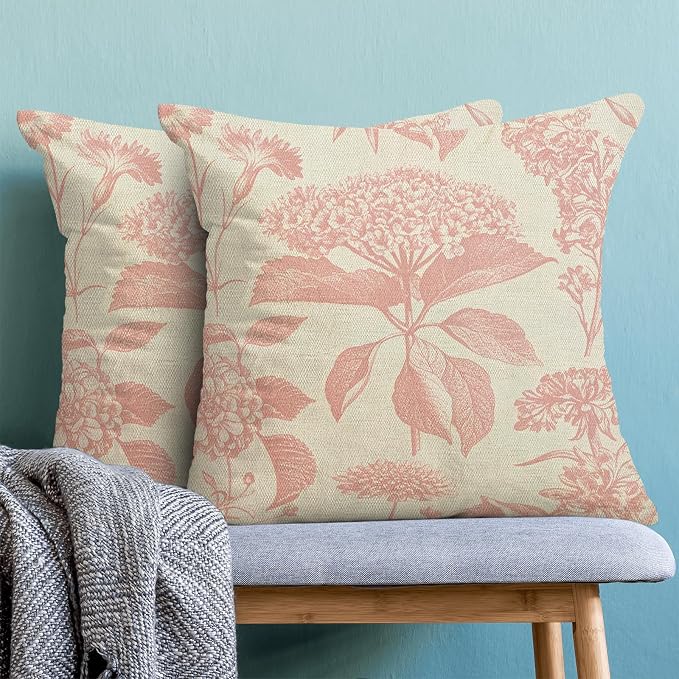 Floral Pillow Covers 18x18 Set of 2 Vintage Pink Hydrangea Herb Botanical Throw Pillow Cover Outdoor Decoration Boho Flower Pillowcase Farmhouse Decorative Cushion Case for Home Sofa Couch