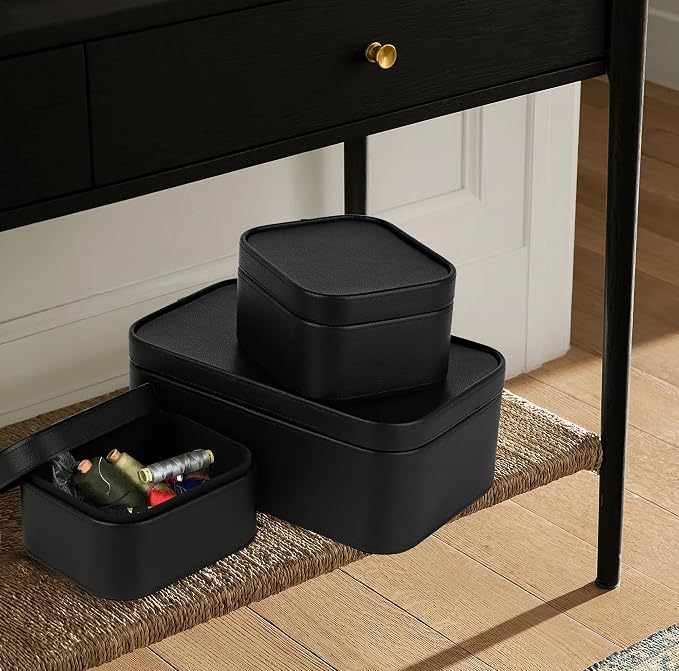 HofferRuffer Faux Leather Decorative Storage Boxes, Dust proof Storage Shelf Baskets with Lids Trays, Storage Bins Memory Box Organizer for Home, Office, Jewelry & More, Set of 3 (Black)