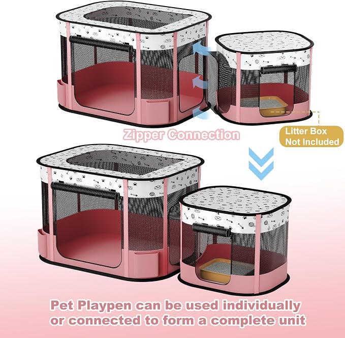 Portable Cat Playpen, 8-Rod Reinforced Kitten Dog Playpens, Foldable Play Pen for Indoor Cats Enclosed Pet Puppy Doggy Outdoor, Collapsible Tent Kennel Cage, Pink