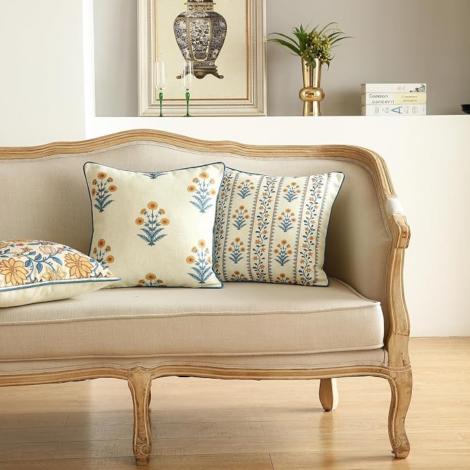 Linen Square Throw Pillow Cover,Set of 2,18"x18"-Estevan A | Designer French Elegant Pillow Cover,Concealed Zipper Design,Sofa,Bedroom,Living Room,Lounge Chairs,All Season Home Decor