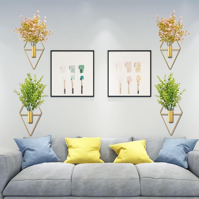 Yorkmills Green Artificial Eucalyptus Plant Wall Decor in Gold Hanging Vase | Diamond Metal Wall Planter Decorations Set of 2, Fake Plant Home Wall Decor for Living Room, Dining Room, Bedroom, Bathroom