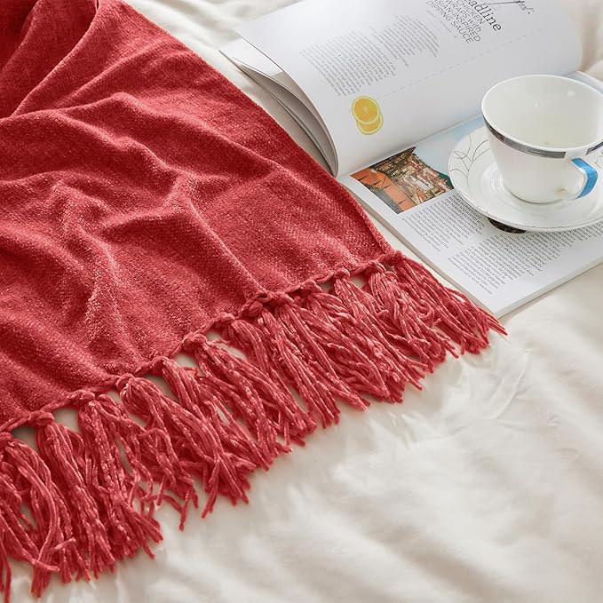 CozeCube Chenille Throw Blanket, Christmas Red Fringe Blanket, 50"X60" | For Couch, Cozy Plush Fuzzy Decorative Blanket with Fringe Tassels, Lightweight Throws for Bed Sofa Gift Home Decor