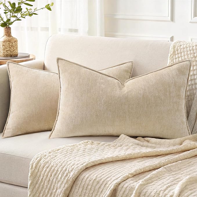 decorUhome Chenille Beige Velvet Throw Pillow Covers 12x20 Set of 2 | Fall Soft Lumbar Couch Decorative Modern Farmhouse Pillow Cases with Elegant Design for Sofa Bed Living Room Home Decor