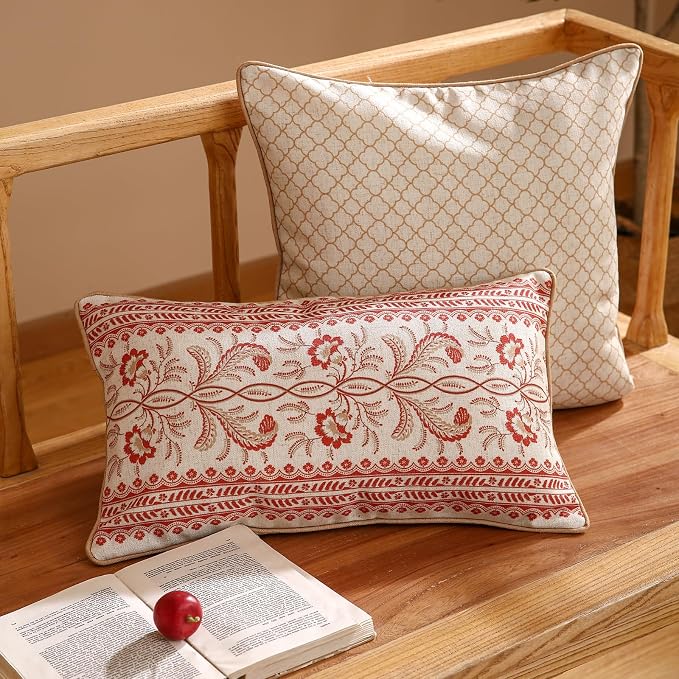 Designer Linen Throw Pillow Cover,Set of 2,20"x12"-Chamonix A | Vintage Elegant Rectangle Pillow Cover,Concealed Zipper Design,Floral Pattern,Sofas,Bedroom,Living Room,Lounge Chairs