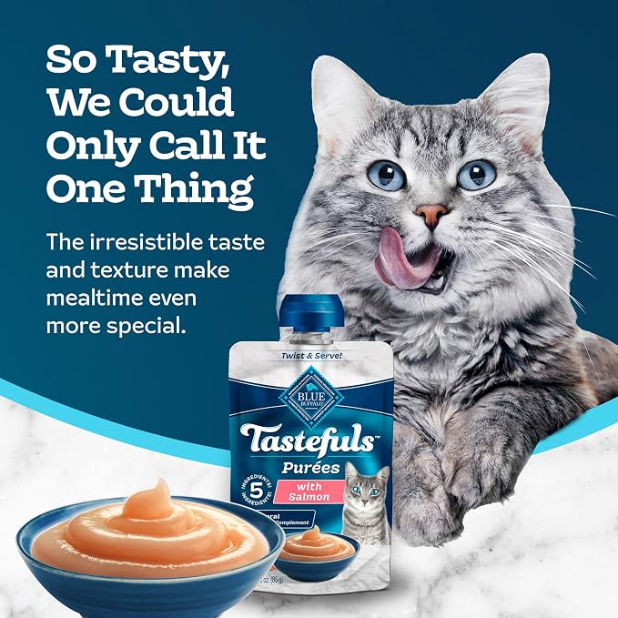 Blue Buffalo Tastefuls Purees Salmon Cat Food Topper, 3 oz, 12 ct | Resealable Twist Cap, Serve Over Food or as a Snack, Cat Food Complement