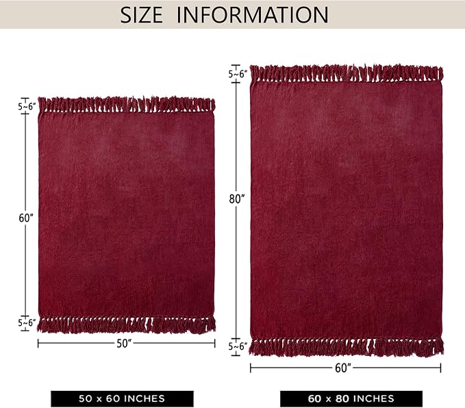 Chenille Throw Blanket for Couch 50" x 60", Red | Soft Cozy Throws with Fringe Tassel, for Living Room Bed Sofa Chair Cover, Lightweight Knitted Boho Blankets Christmas Decor