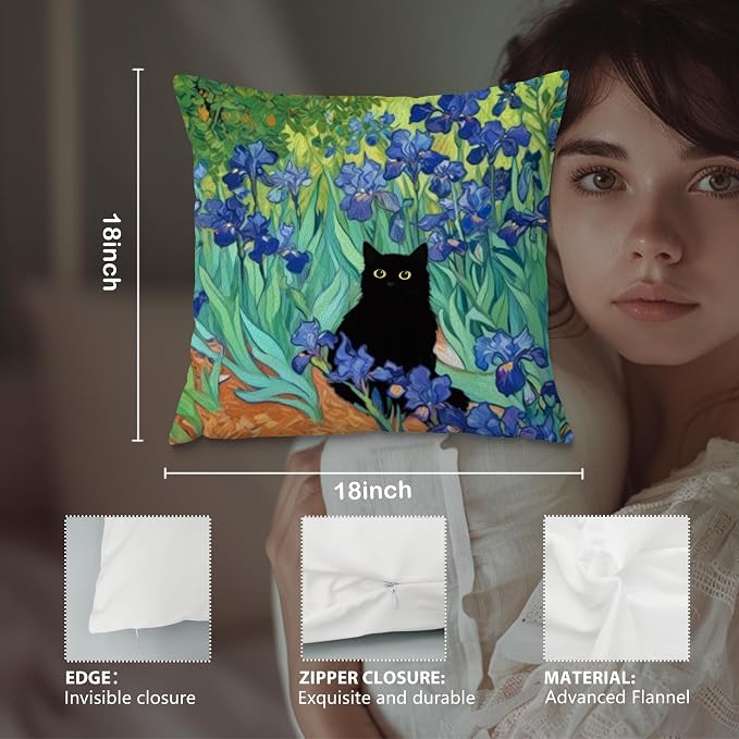 William Morris Floral Black Cat Pillow Covers 18x18, Cat Lovers Mom Grandma Gifts for Mother's Day, Blue Floral Cats Decorative Pillow Covers for Home Bedroom Living Room Office Decor