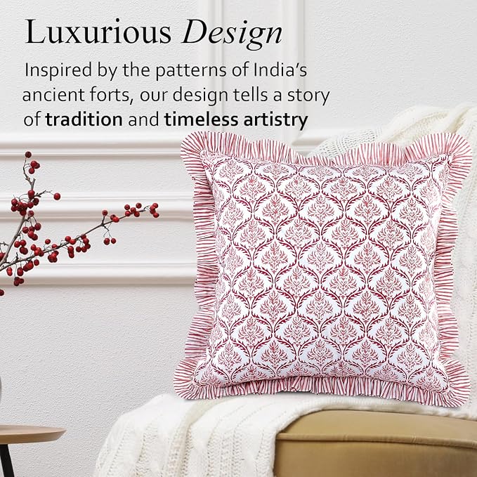 CPC Blush Rose Hand Block Print 100% Cotton Ruffle Throw Pillow Cover 18x18 inch with Hidden Zipper Decorative for Couch, Bed, Sofa, Farmhouse, Cottagecore Decor Gift Christmas Fall Thanksgiving