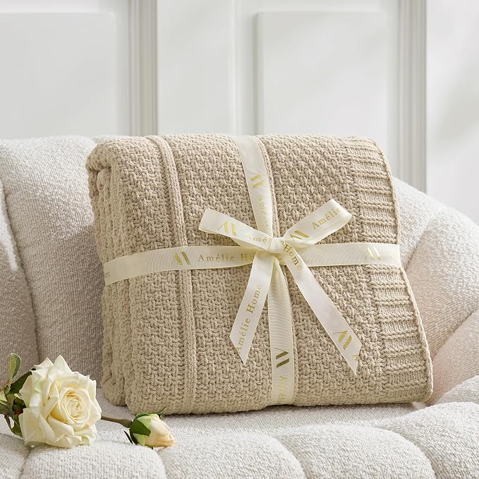 Chenille Throw Blanket for Couch, Soft Cozy Chunky Knit Blanket, Moss Stitch Throw for Sofa, Bed, Living Room, Lightweight Warm Home Decor, Beige 60"x80"