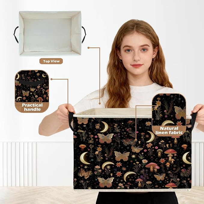 Enchanted Forest Boho Witchy Storage Box Bins, Mystical Moon Butterfly Mushroom Floral Collapsible Storage Basket Organizer for Bedroom Laundry Room Clothes Books, Decor for Room
