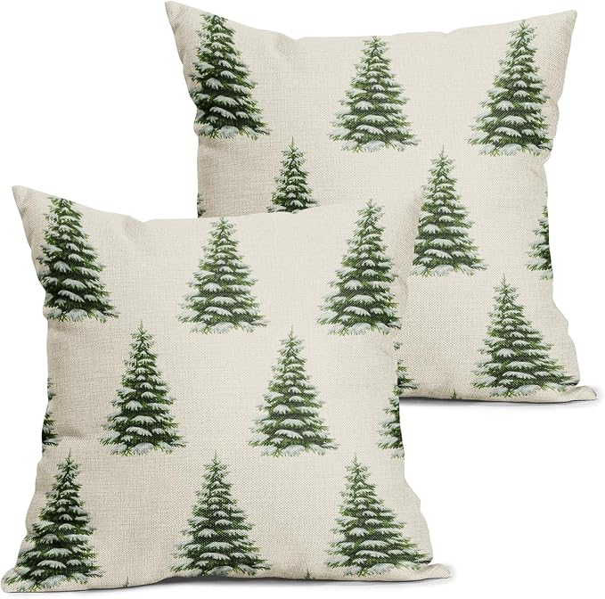 Christmas Pillow Covers 18X18 Inch Set of 2 Green Xmas Pine Tree Forest Decorative Pillow CasesWhite Winter Holiday Cotton Linen Cushion Case Farmhouse Home Decor for Sofa Couch Outdoor