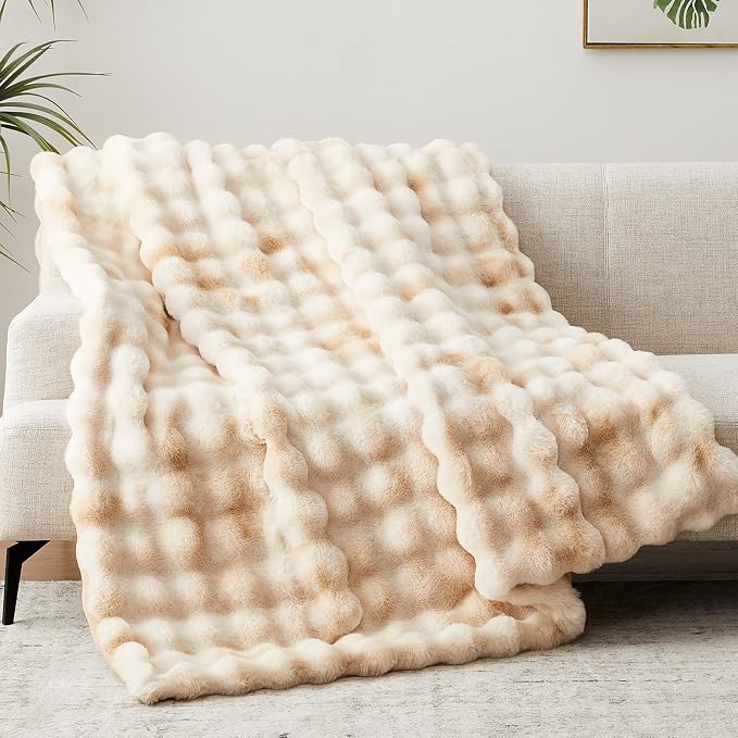 Anysay Faux Fur Throw Blanket, 1000GSM Fluffy Soft Bubble Blanket 80''*90'' | Cozy Plush Warm and Thick Blanket for Couch Bed, Fuzzy Rabbit Throw for Living Room Bedroom Camel