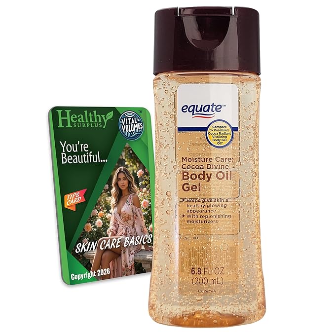 Equate Body Oil Gel - Cocoa Divine - 6.8 FL OZ (200 mL) and Vital Volumes Skin Care Basics Tips Card