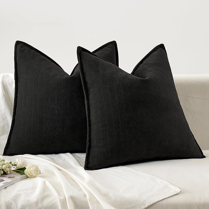 MIULEE Pack of 2 Black Euro Shams Chenille Pillow Covers 22x22 Inch | Decorative Soft Couch Throw Pillows,Farmhouse Cushion Covers,Elegant Design for Sofa,Bed,Living Room,Summer Decor