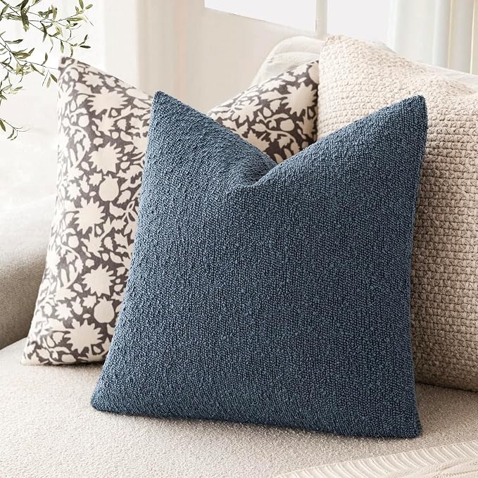 Foindtower Set of 2, Decorative Textured Boucle Throw Pillow Covers Accent Solid Pillow Cases Neutral Couch Cushion Case for Chair Sofa Bedroom Living Room Home Decor 24x24 Inch Dark Blue