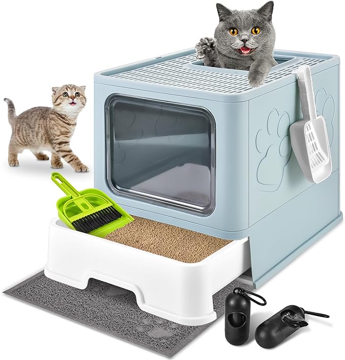 Covered Cat Litter Box, Extra Large Drawer Design with Dual Entry, Blue | 13L litter capacity, adjustable door, leakproof structure, cleaning accessories, complimentary cat litter mat
