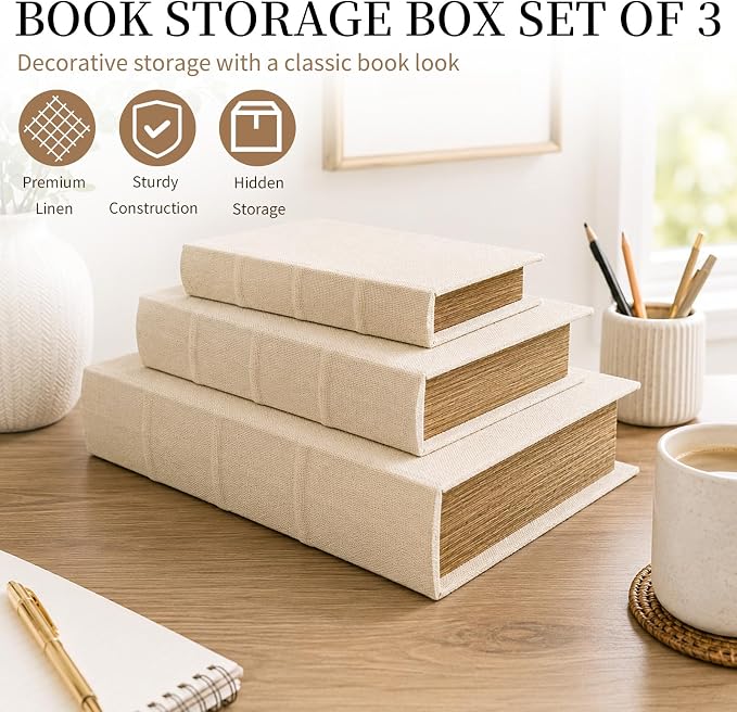 DECOR4SEASON Decorative Book Boxes Set of 3 – Modern Faux Linen & Wood Hidden Storage for Coffee Table – Stackable Fake Books for Shelf Decor, Remote Control & Jewelry Organizer (Beige)