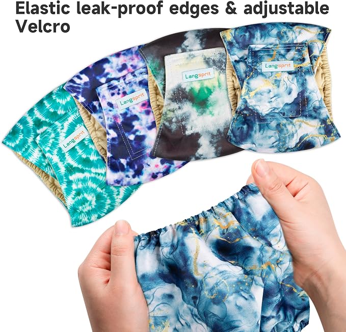 Langsprit Small Male Dog Diapers for Doggie Puppy,Reusable Belly Bands for Male Dogs Wraps,Washable Doggy Dog Diapers Medium Large in Incontinence 4 Pack (Tie Dye, Medium)