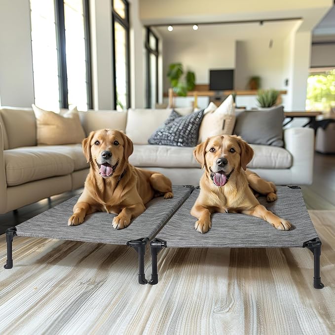 Veehoo 2 Pack Outdoor Elevated Dog Bed for Large Dogs, Cooling Raised Cots | Off-ground training platform, portable camping hammock, breathable mesh, easy to clean, 42"x30", Black Silver